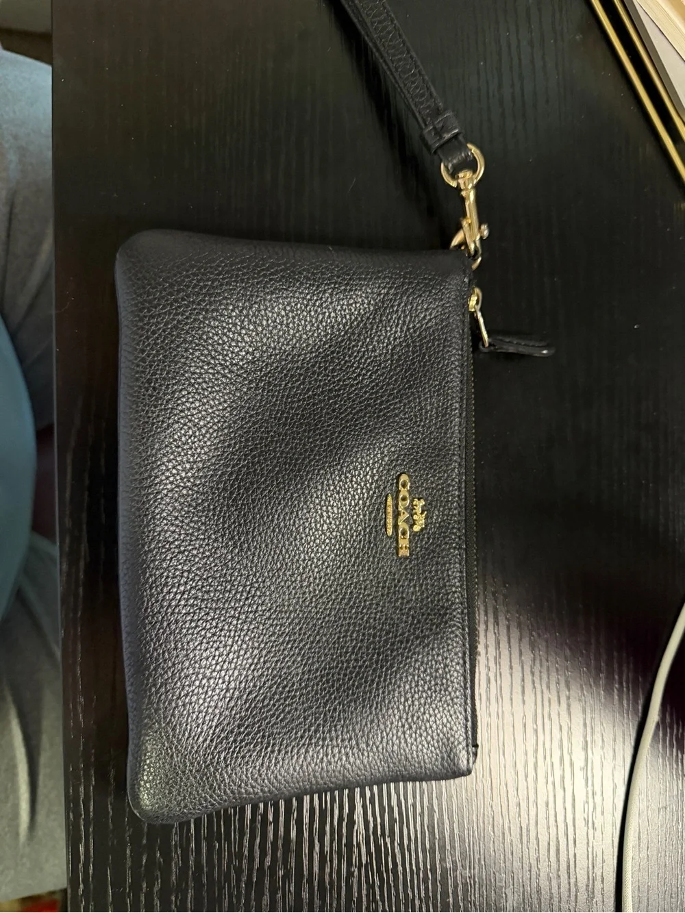 Coach Black Pebbled Leather Wristlet with Gold Hardware
